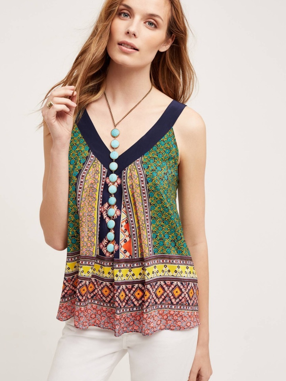 Maeve Multicolor Border-Print V-Neck Crisscross Tank